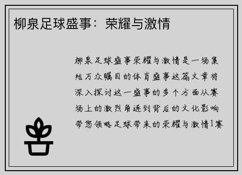 柳泉足球盛事：荣耀与激情