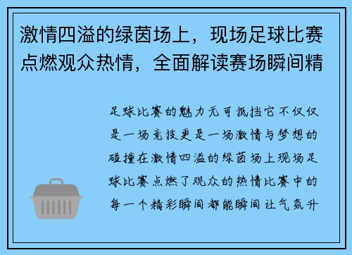 激情四溢的绿茵场上，现场足球比赛点燃观众热情，全面解读赛场瞬间精彩