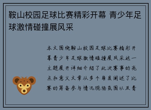 鞍山校园足球比赛精彩开幕 青少年足球激情碰撞展风采