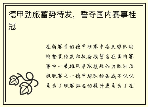 德甲劲旅蓄势待发，誓夺国内赛事桂冠