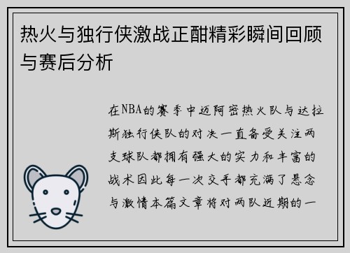 热火与独行侠激战正酣精彩瞬间回顾与赛后分析