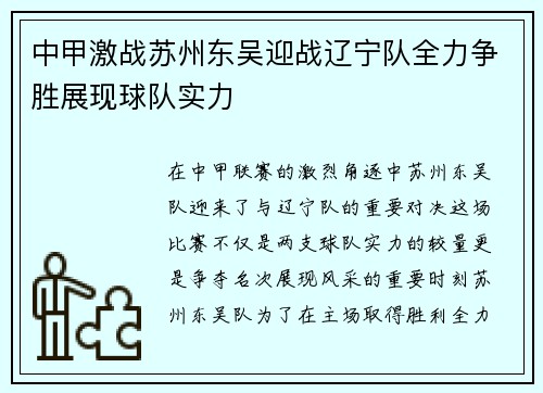 中甲激战苏州东吴迎战辽宁队全力争胜展现球队实力