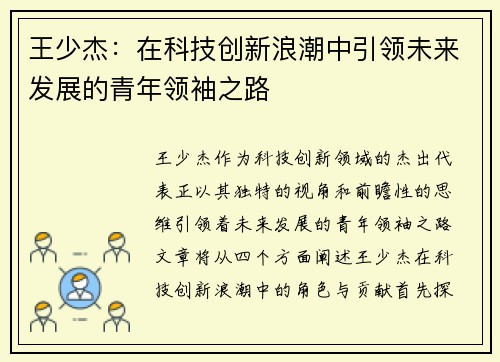 王少杰：在科技创新浪潮中引领未来发展的青年领袖之路