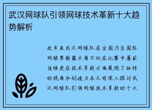 武汉网球队引领网球技术革新十大趋势解析