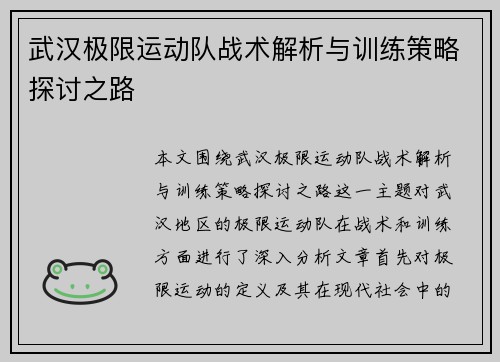 武汉极限运动队战术解析与训练策略探讨之路