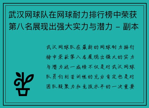 武汉网球队在网球耐力排行榜中荣获第八名展现出强大实力与潜力 - 副本